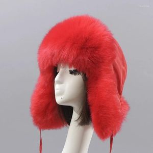 Berets Winter Hat Women Faux Fur Windproof Earflap Trapper Cap Lady Warm Rosyan Ski Bomber