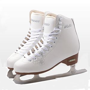 Crianças crianças profissional couro genuíno térmico quente engrossar figura patins de gelo sapatos com lâmina gelo pvc impermeável branco 240127