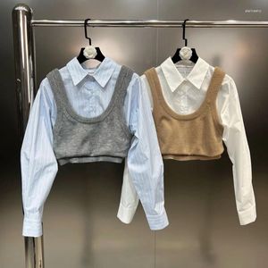 Women's Blouses PREPOMP 2024 Autumn Collection Long Puff Sleeve Stretch Shirt Knitted Vest Fake Two Piece Set GL235