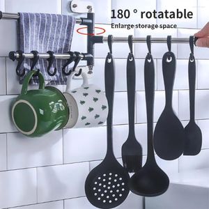 Kitchen Storage Wall Mount Utensil Holder Rotating Stainless Steel Rack Rail Hanger Hook Organizer For Spoon Pot Pan