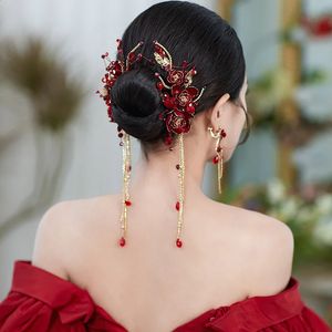 2pcs set kırmızı peri püskül saç klipsleri küpe setleri çiçek Çin düğün aksesuarları 240130