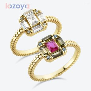 Anéis de cluster Lozoya 925 prata esterlina para mulheres requintado zircon cz arco-íris cristal fino festa de casamento redonda jóias de luxo