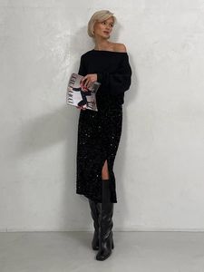 Skirts Christmas Lined Midi Sequin Skirt Women Black Silver Side Slit Elegant Evening Dresses For 2024