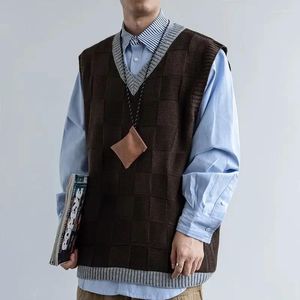 Gilet da uomo Maglione lavorato a maglia Maschile Marrone Gilet Abbigliamento Gilet scozzese Senza maniche Moda retrò giapponese 2024 Spessore invernale Vestibilità ampia Over X