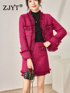 Zjyt designer outono inverno vestido conjuntos para mulheres elegante borla tweed jaqueta de lã e saia terno duas peças roupas festa trabalho 240124