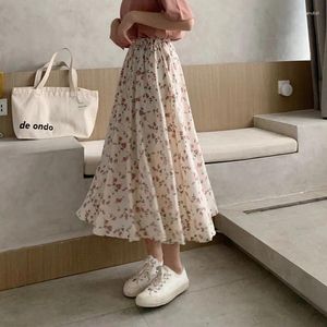 Saias vintage floral impressão a-line plissado longo verão mulheres 2024 saia coreana streetwear cordão cintura elástica midi