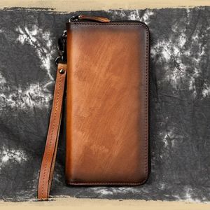 Wallets Retro Genuine Leather Long Purse Cash Phone Multi Card Pocket Zipper For Ladies Women Men Male Pure Wallet