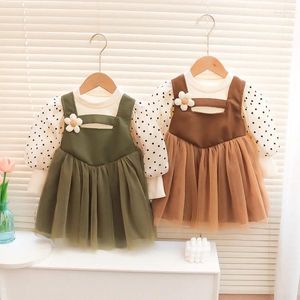 女の子のドレス春のベビー服ファッションフェイク2ピース長袖メッシュ甘い小さな女の子ドレスプリンセスフロック