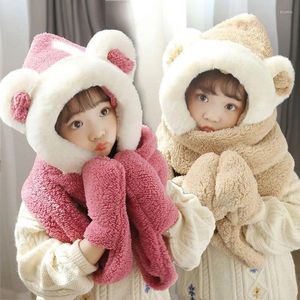 Accessori per capelli 3 in 1 cappello sciarpa guanti set bambini cartone animato orso orecchio cappuccio in peluche paraorecchie berretto invernale caldo ragazze ragazzi berretti sciarpe