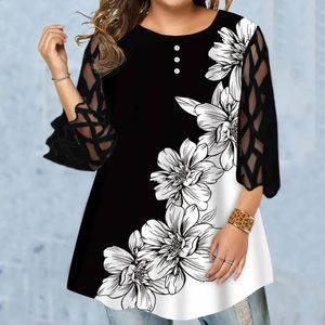 Women's Mesh 3/4 Sleeve Tunic Tops Ladies Casual Floral T-Shirt Blouse HIgh Quality Clothes Clothing For Female Plus Size 240202