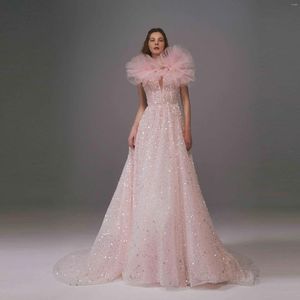 Swobodne sukienki Oszałamiające blask z koralikami koronkowe długie sukienki balowe ładne nowożeńcze z marszczeniem formalne maxi