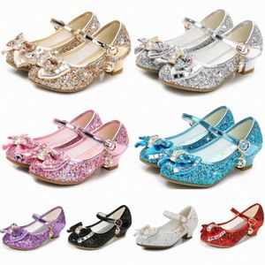 Girls Bow Princess Shoes Kids Toddlers Sandals High Heels Leather Wedding Party Dress Shoe With Sequin Upper Children Dance Performance Sandal R4u0#