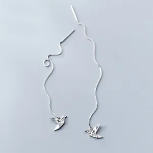 Dangle Earrings Real 925 Sterling Silver Bird Drop Cute Geometric Shape Birds Long Pull Through Threader For Women