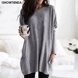 2023 Women Autumn Fashion Tunic Top Pocket Solid Color Loose Round Neck Longsleeved Tshirt Streetwear Casual Vintage Pullovers y240129