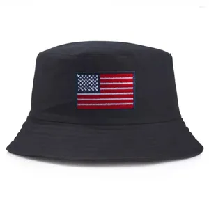 Berets Baumwolle faltbar Panama Gorra Motorhaube Frauen Flat Top Fisherman Chapeau USA Flagge bestickt Eimer Hut Unisex Street Visor Cap