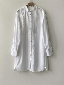 Blusas femininas 2024 senhoras elegante branco gola bordada único breasted manga longa fenda hem vestido