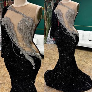 2024 ASO EBI Black Mermaid Prom Dress Dress Crystals Cristais de lantejoulas Festa formal Festal Segunda recepção Vestidos de noivado de aniversário Vestidos Robe de Soiree ZJ25