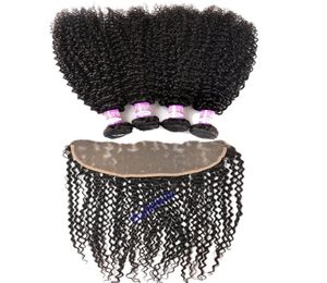 Mongol kinky encaracolado pacotes de cabelo com fechamento frontal do laço cabelo virgem brasileiro cabelo humano 3 pacotes com 13x4 orelha a orelha front9705260