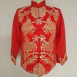 Atacado novo estilo chinês vermelho masculino tang terno jaqueta bordado dragão cetim casaco festa de aniversário vestido de casamento jaquetas tamanho S-3XL