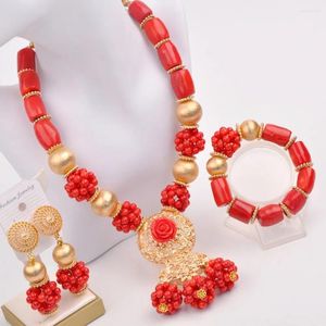 Colar brincos conjunto moda jóias africanas vermelho real coral contas para mulher