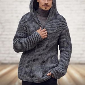 Men's Sweaters Men Autumn Winter Fashion Thick Warm Hooded Collar Knitted Sweater Male Casual Loose Double-breasted Lapel Coat