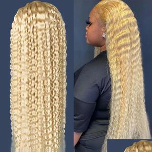 Synthetic Wigs 250% 40 Inch 613 Honey Blonde Deep Wave Brazilian Fl 13X4 Lace Frontal Wigs Transparent Synthetic Front Preplucked Dro Dhfgz