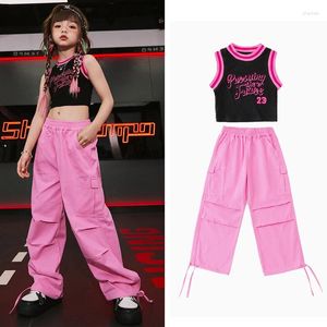 Stage Wear 2024 Children Street Dance Hip Hop Clothing For Kids Black Vest Pink Cargo Pants Suit Girls Jazz Performance DQS13356