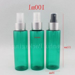 Contenitori per bottiglie con pompa spray con collare in alluminio argento da 100 ml, bottiglia di plastica verde vuota da 100 cc di alta qualità, pacchetto da 50 pezzi / lotto Xptlc