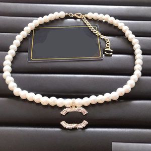 Anhänger Halsketten Mode Doppel Brief Diamant Ohrstecker Designer Frauen Choker Party Hochzeitsgeschenk Marke Perlenkette Gold Plat DHDQA