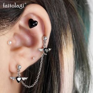 Orecchini a bottone 1Pc Ali d'angelo Cuore Doppio lobo per le donne Helix Piercing Lunga catena pendente Orecchio Y2K Gioielli Egirl