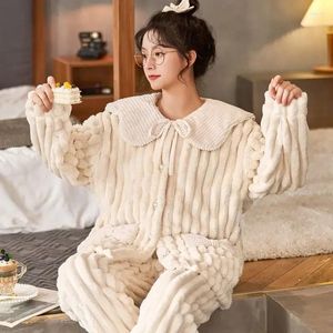 Mulheres sleepwear pijamas mulheres inverno homewear coral velo solto menina bonito engrossado grávida famale quente casa terno senhora duas peças sono