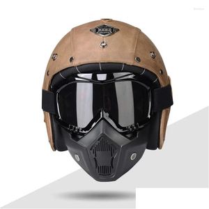 Capacetes de motocicleta Pu couro rosto aberto para ponto appd mulheres e homens cruzeiro scooter capacete com máscara de óculos s m l xl xxl drop delivery dhehl