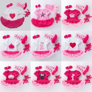 Bebê conjuntos de roupas infantis macacões meninas macacão crianças roupas de manga curta algodão rosa rosa vestidos 4 peças conjunto de roupas primeiros sapatos de caminhada f2IY #