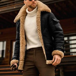 ファッションメンズフリースジャケットターンダウンファーカラー太いコート厚い暖かい革のアウトウェアオスの冬のストリートウェインウィンドブレーカー240130