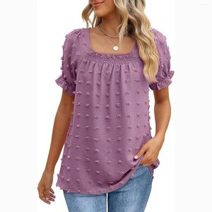 Mulheres Camisetas Moda Mulheres Verão Cor Sólida Camisetas Shrinkage Design Ruffles Decor Square Collar Manga Curta Solta Pulôveres Top