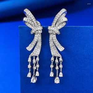 Stud Earrings 925 Silver Full Diamond Bow Tassel Long For Women's Light Luxury High-end Fashion Wholesale