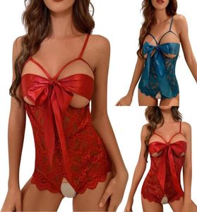 Lässige Kleider für Damen, ouvert, sexy Dessous, Ausschnitt, Blumenspitze, Schleife, Bodysuit mit verstellbarem Spaghettiträger, lässig6012973