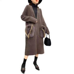 Autumn Winter Mink Cashmere Coat For Women With Fox Fur Pocket Jacket Long Knitted Cardigan Sweater Overcoat 240129