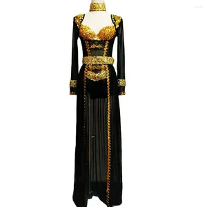 Sahne Giyim Moda Kadınlar Altın Bling Pırlanta Bodysuits Siyah Net İplik Şeffaf Uzun Ceket Gece Kulübü Şarkıcı Dans Kostüm Kıyafet