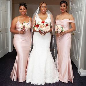 Nuke Pink Abiti da damigella junior Plus Size Sirena Abito lungo da damigella d'onore Abiti in raso elastico per donne nere Abiti da sposa per gli invitati al matrimonio NR064