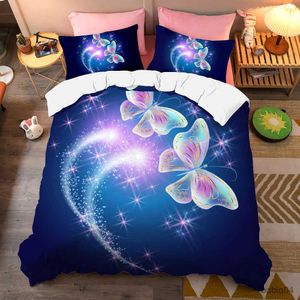 Sängkläder sätter färgglada vackra fjärils sängkläder set flygande djur täcke täcke set fodral mjuk polyester comporter set för kvinnliga flickor