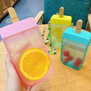Water Bottles Cute Sweet Ice Cream Bottle With Straw Simple Fashion Flat Plastic Cup School Leak-proof Student Kids Adult