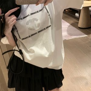 Women's T-shirt designer clothes light luxury and high-quality pure cotton short sleeved hot diamond crystal letters fashionable white top