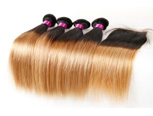 Ombre peruwiańskie wiązki włosów z blond peruwiańskim peruwiańskie dziewicze przedłużenia włosów ludzkich 1B427 1B27 Ombre proste włosy i Closur76332059