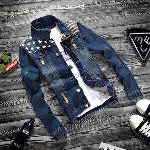 Men's Jackets Wholesale 2020 Mens spring jacket mens Korean USA Flag printed hole lapel denim jacket hombre mens denim jacket men clothing T240217