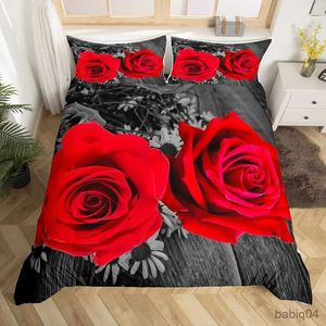 Set di biancheria da letto Copripiumino per regina King Rose rossa Set di biancheria da letto floreale per San Valentino Copripiumino per fiori romantico per donna Copripiumino in poliestere