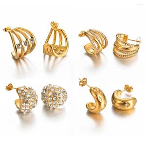Stud Earrings Geometric Stainless Steel Crystal Zircon C Lines Metal Waterproof Chunky Jewelry For Women Girls
