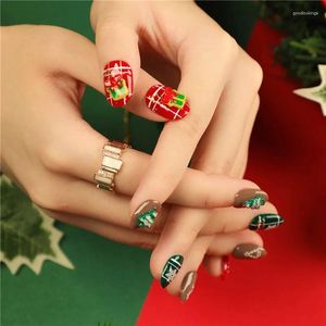 False Nails 24Pcs Christmas With Red Green Tree Design French Ballet Fake Press On Short Round Wearable Fingerail Tips