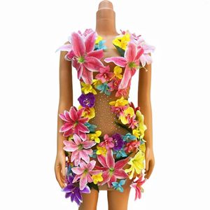 Stage Wear Colorful Flowers Rhinestones Sexy Mesh Dress Wedding Birthday Celebrate Sleeveless Singer Dancer See Through Outfit Huaduo