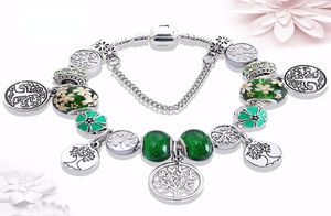 Nuovo braccialetto europeo e americano con fiori verde oliva, foresta, albero del vento, piantina, pendente, foro grande, perline di cristallo, argento antico B8299462